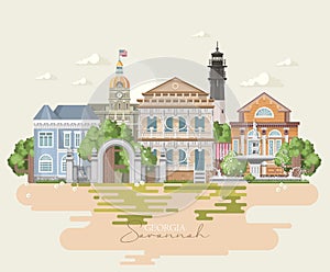 Savannah. Georgia USA poster. Peach state vector poster. Travel background in flat style.