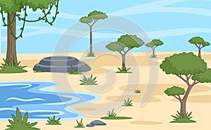 Savannah landscape cartoon. African area, desert or oasis wirt puddle and green tree. Vector empty Africa background