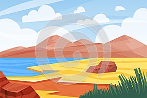 Savannah landscape. Cartoon nature desert scenery with lake, hills and stones