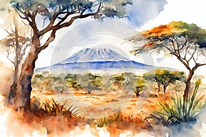 Savannah landscape and Kilimanjaro mountain in the background. Watercolor illustration.