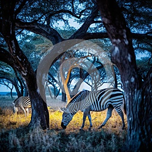 Savannah Serenity: Zebras Grazing at Blue Hour