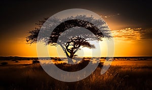 Savannah shadow of tree. African landscapes sunset. Generative AI