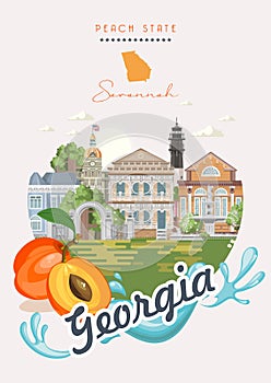 Savannah. Travel to Georgia USA flyer. Peach state vector poster. Travel background in flat style.
