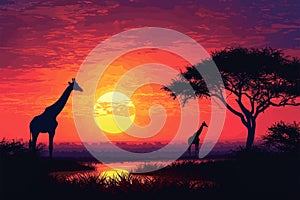 Savannah twilight Giraffes silhouette against a vibrant African sunset, vector illustration