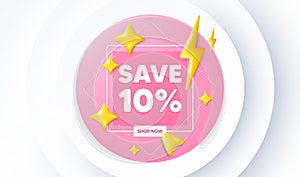 Save 10 percent off. Sale Discount offer price sign. Neumorphic promotion banner. Vector