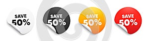 Save 50 percent off. Sale Discount offer price sign. Round sticker badge banner. Vector