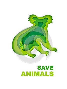 Save animals in Australia concept banner. Green silhouette of koala in paper cut style. Vector