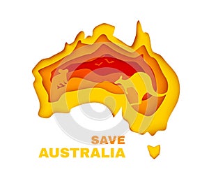 Save Australia concept banner. Color continent in paper cut style with silhouette of koala, kangaroo and birds