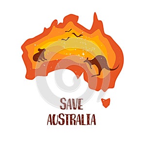 Save Australia concept banner. Color gradient continent with silhouette of koala, kangaroo and birds