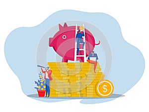 Save coin in a piggy bank, flat cash currency finance investment in bank concept, vector illustration