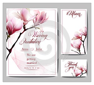 Save The Date with blooming Magnolia. Wedding Invitation Card Vector illustration.