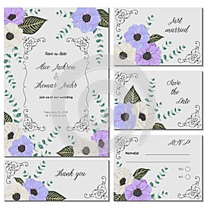 Save the date card with anemone flowers and spiral eucalyptus. Holiday floral design for wedding invitation.