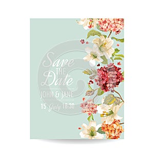 Save the Date Card with Autumn Vintage Hortensia Flowers for Wedding, Invitation, Party