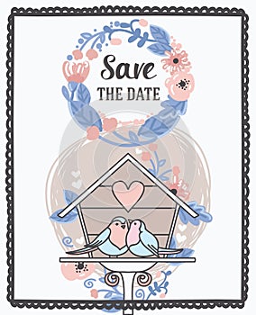 Save the date card with cute birds couple