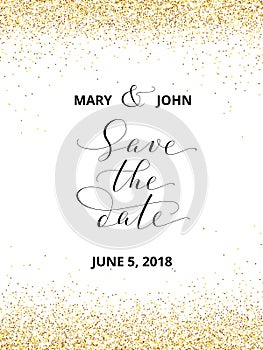 Save the date card with falling glitter confetti frame. Sparkling vector golden dust isolated on white.