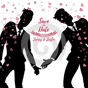 Save the date card, gay wedding, two man in classic suits in love, vector illustration