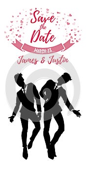 Save the date card, gay wedding, two man in classic suits in love, vector illustration