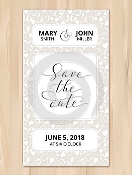 Save the date card with hearts pattern background, invitation template. Hand written custom calligraphy.