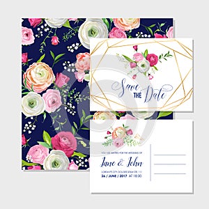 Save the Date Card Set with Blossom Pink Flowers and Golden Elements. Wedding Invitation, Anniversary Party, Decoration