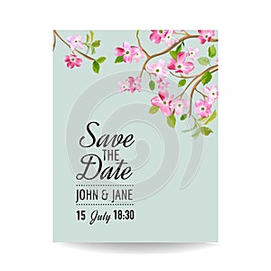 Save the Date Card with Spring Cherry Flowers for Wedding, Invitation, Party, RSVP