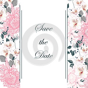 Save the Date Card Template with Frame and Pink tenderness Flowers.