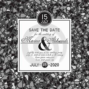 Save the date card template with terrazzo marble texture floors.