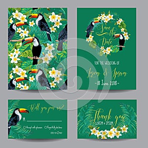 Save the Date Card. Tropical Flowers and Birds