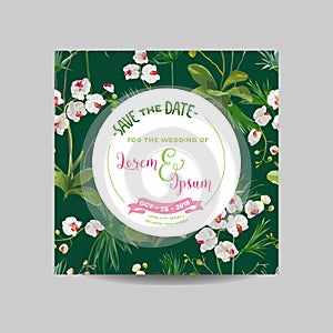 Save the Date Card. Tropical Orchid Flowers and Leaves Wedding Invitation