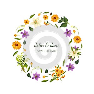 Save the Date Floral Round Frame with Beautiful Spring or Summer Flowers, Wedding Invitation Card Design Element Vector