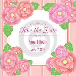 Save the date floral wedding invitation with briar roses. Design template in pink colors
