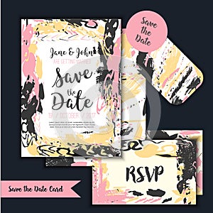 Save the date freehand card with hand drawn background. Modern Stock vector. Invitation design with menu and RSVP card.