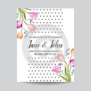 Save the Date Greeting Card with Blossom Tulips Flowers. Wedding Invitation, Anniversary Party, RSVP Floral Template