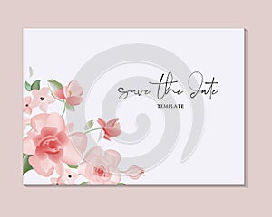 Save the date hand-drawn card. Botanical wedding invitation template design, rose flowers and leaves with wreath frame on white