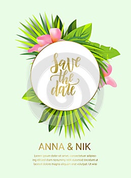 Save the date hand lettering postcard set with tropical leaves. Wedding phrase. Modern brush calligraphy. Isolated on white