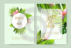 Save the date hand lettering postcard set with tropical leaves. Wedding phrase. Modern brush calligraphy. Isolated on white