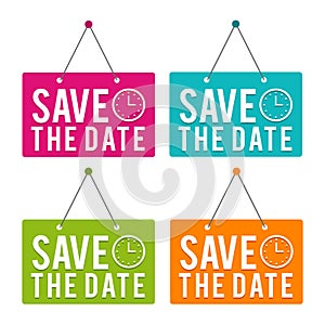 Save the Date with Icon hanging Door Sign. Eps10 Vector.