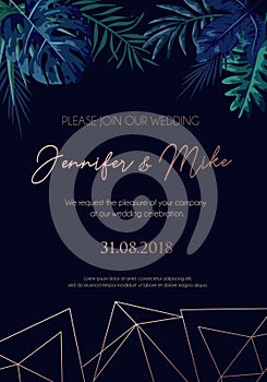 Save the date invitation on navy blue background with rose gold