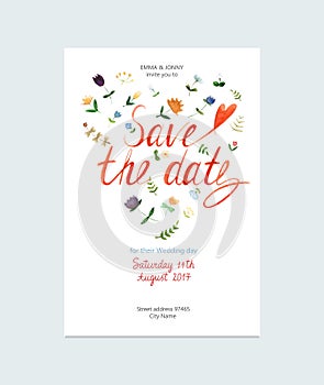 Save The Date invitation with watercolor flowers and hand drawn watercolor lettering.