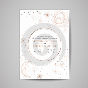 Save the Date Luxury Card, Wedding Celestial Invitation with Moon and Starry sky with Gold Foil Frame