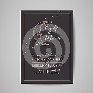 Save the Date Luxury Card, Wedding Celestial Invitation with Moon and Starry sky with Gold Foil Frame