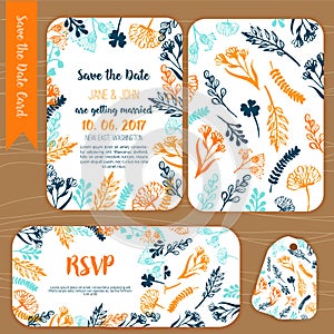 Save the date rustic vintage card, wedding invitation with hand drawn lettering, flowers and branches with RSVP card