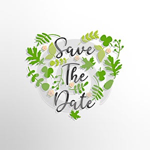 Save the date text with green leaves and heart background