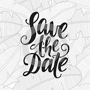 Save the date vector lettering on white background. Floral tropical background.