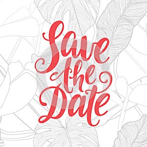 Save the date vector lettering on white background. Modern calligraphy. Tropical floral backgroud.
