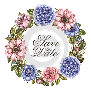 Save the date watercolor greeting card with peony roses flowers. Round floral wreath. Vector vintage illustration.