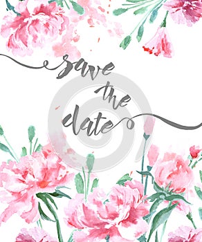 Save The Date with a watercolor peonies. Wedding Invitation Card Use for Boarding Pass, invitations, tVector.