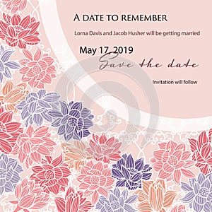 Save the date wedding card template with modern elegant floral pattern on a subtle vintage gaden fence background