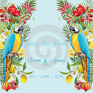 Save the Date Wedding Card with Tropical Flowers, Fruits, Parrot Birds. Floral Background