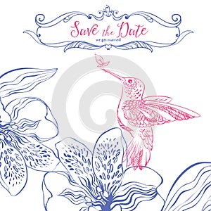 Save the date. Wedding invitation card with birds and floral heart.