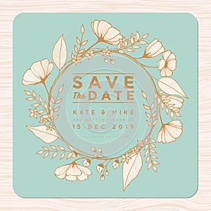 Save the date, wedding invitation card with flower wreath background template in golden color. Flower floral background.